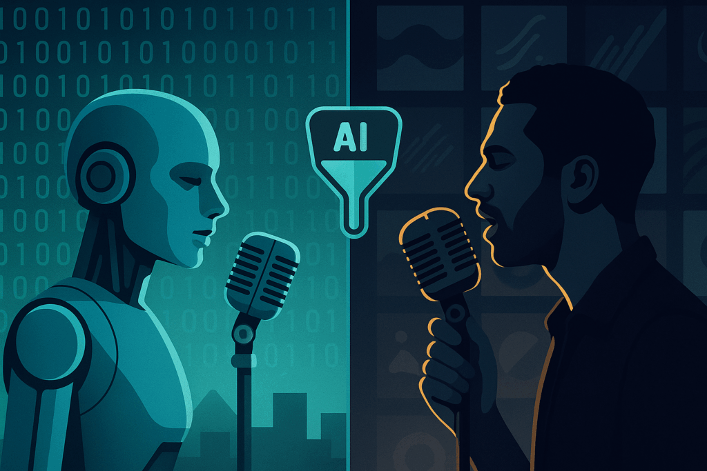Split screen: AI robot singer vs. human singer with an AI-filter icon indicating blocked synthetic tracks.