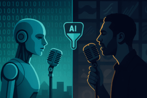 Split screen: AI robot singer vs. human singer with an AI-filter icon indicating blocked synthetic tracks.